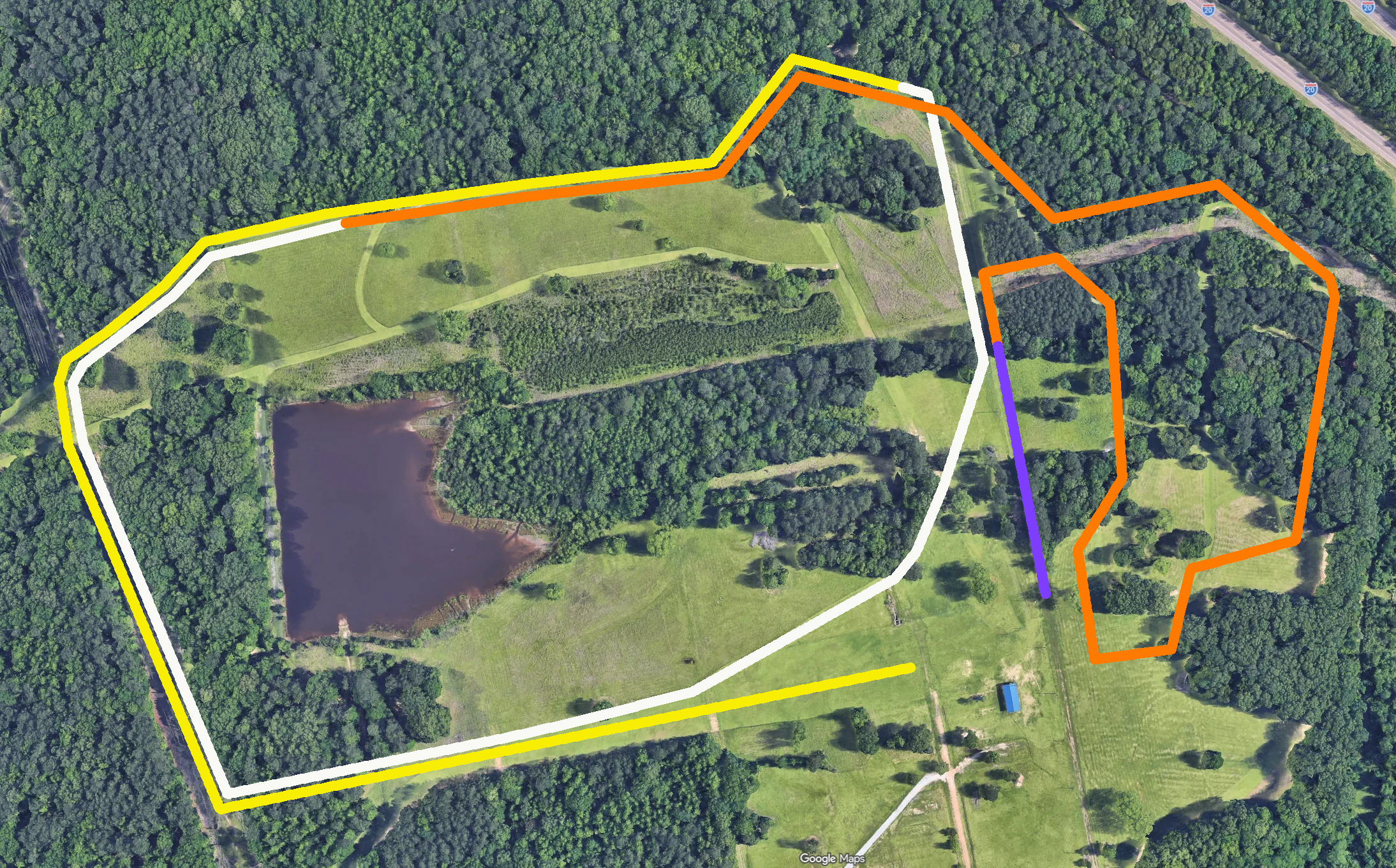 Full-color aerial photo of Choctaw Trails with yellow mile 1, white mile 2, orange mile 3, and violet final 200-meter route